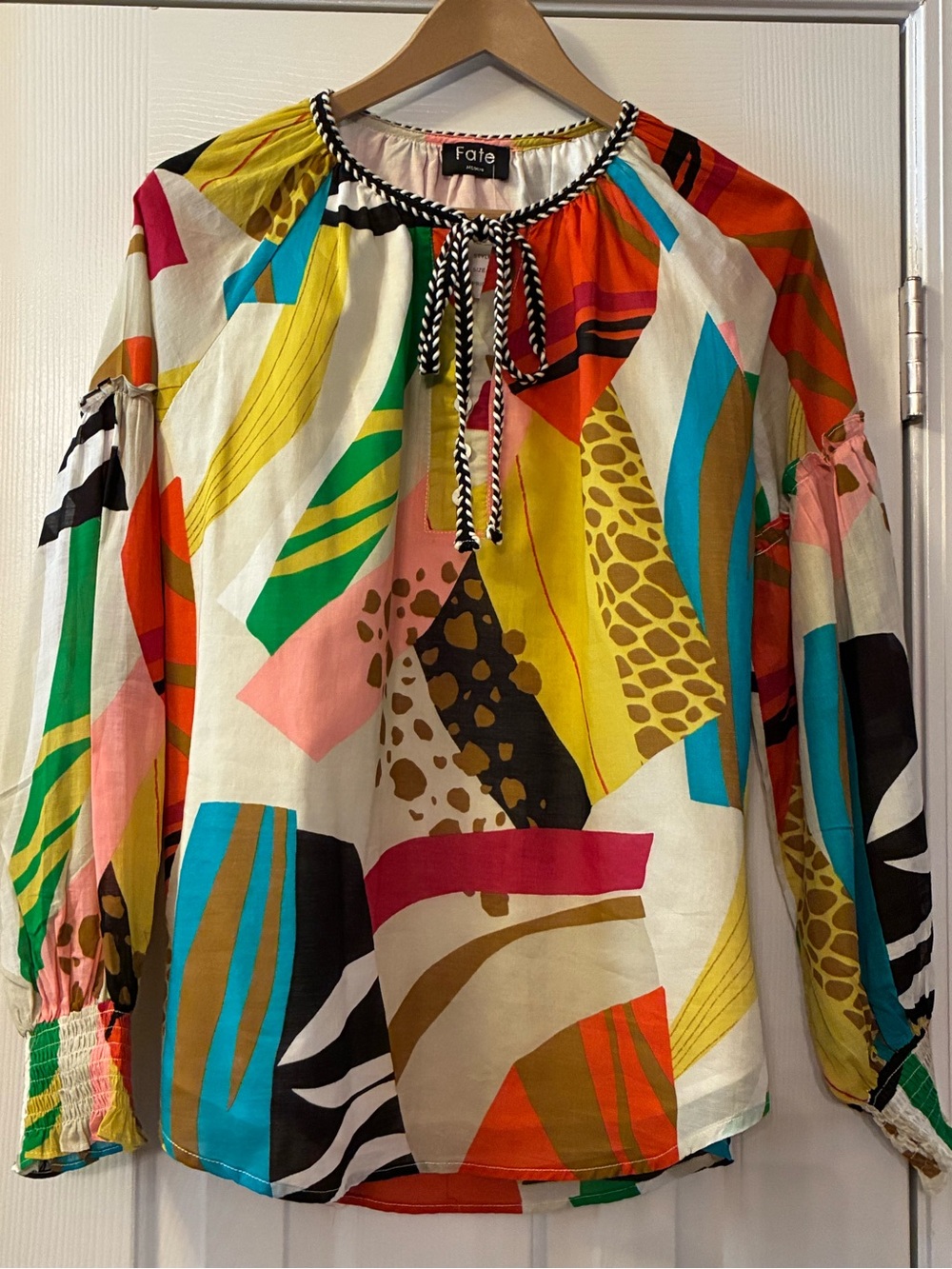100% Cotton Self & Lining Multicolor Abstract Print Artsy Peasant Blouse Med.